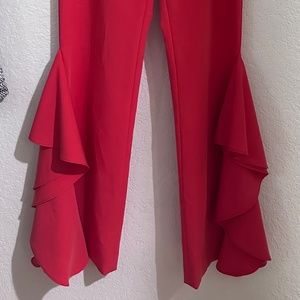 Red flare ruffle pants